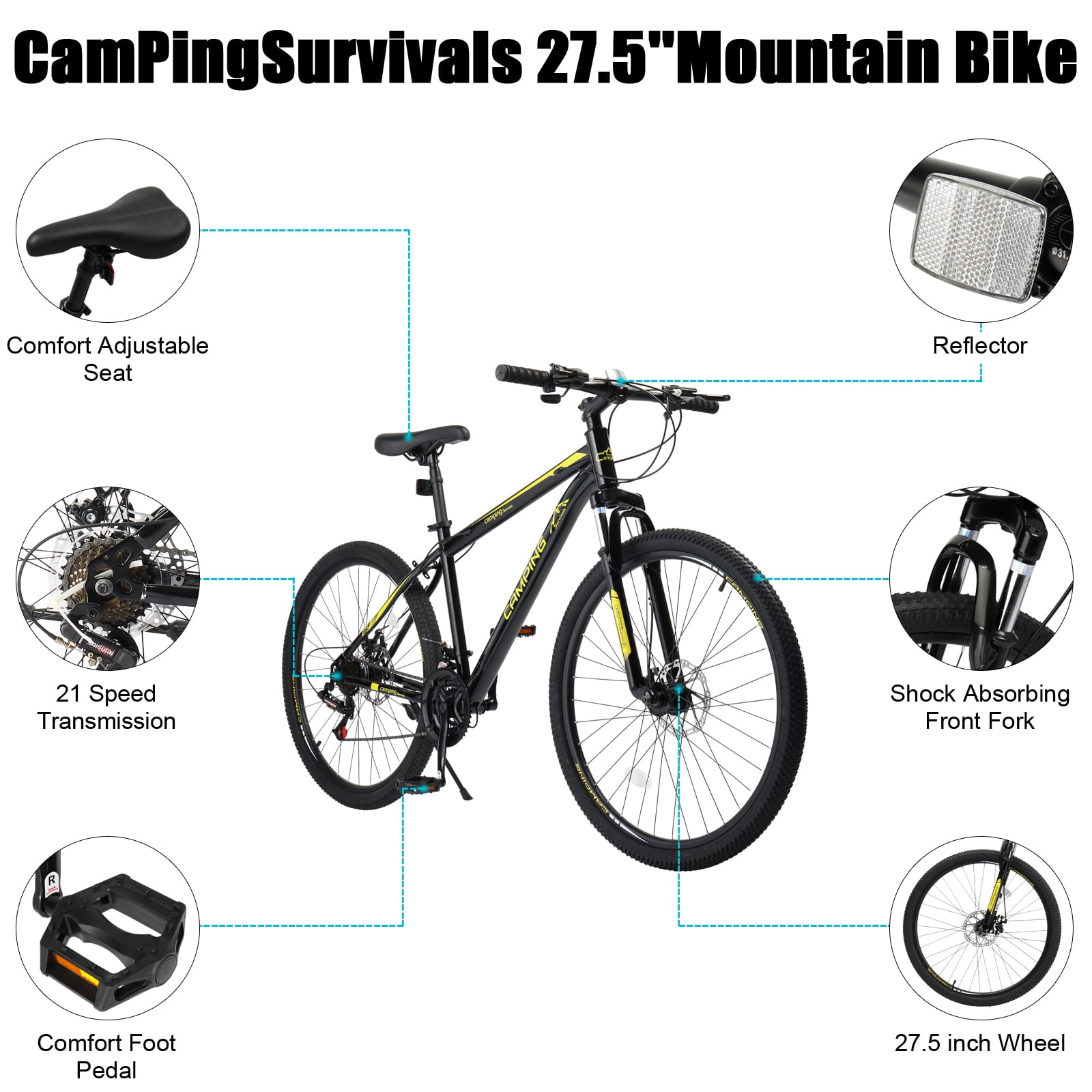 UBesGoo 27.5 inch Mountain Bike with 21-Speed, Dual Disc Brake, High-Carbon Steel MTB Bicycle, Yellow