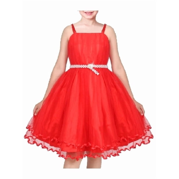 Sunny Fashion Flower Girls Dress Tulle Spaghetti Strap Pearl Belt Ruffle Hem Xmas Party Formal 3 Years
