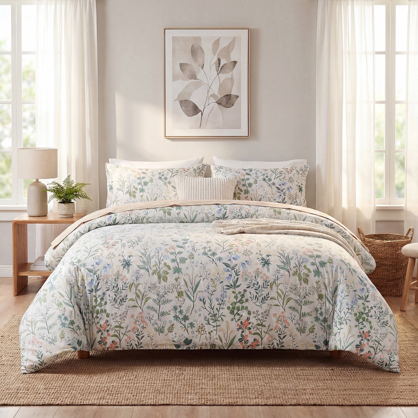 Duvet Cover 100% Cotton Comforter Cover Green Floral Breathable Duvet Cover with Zipper Closure & Corner Ties 3 Pcs Green Fragrant Grass Duvet Cover Set