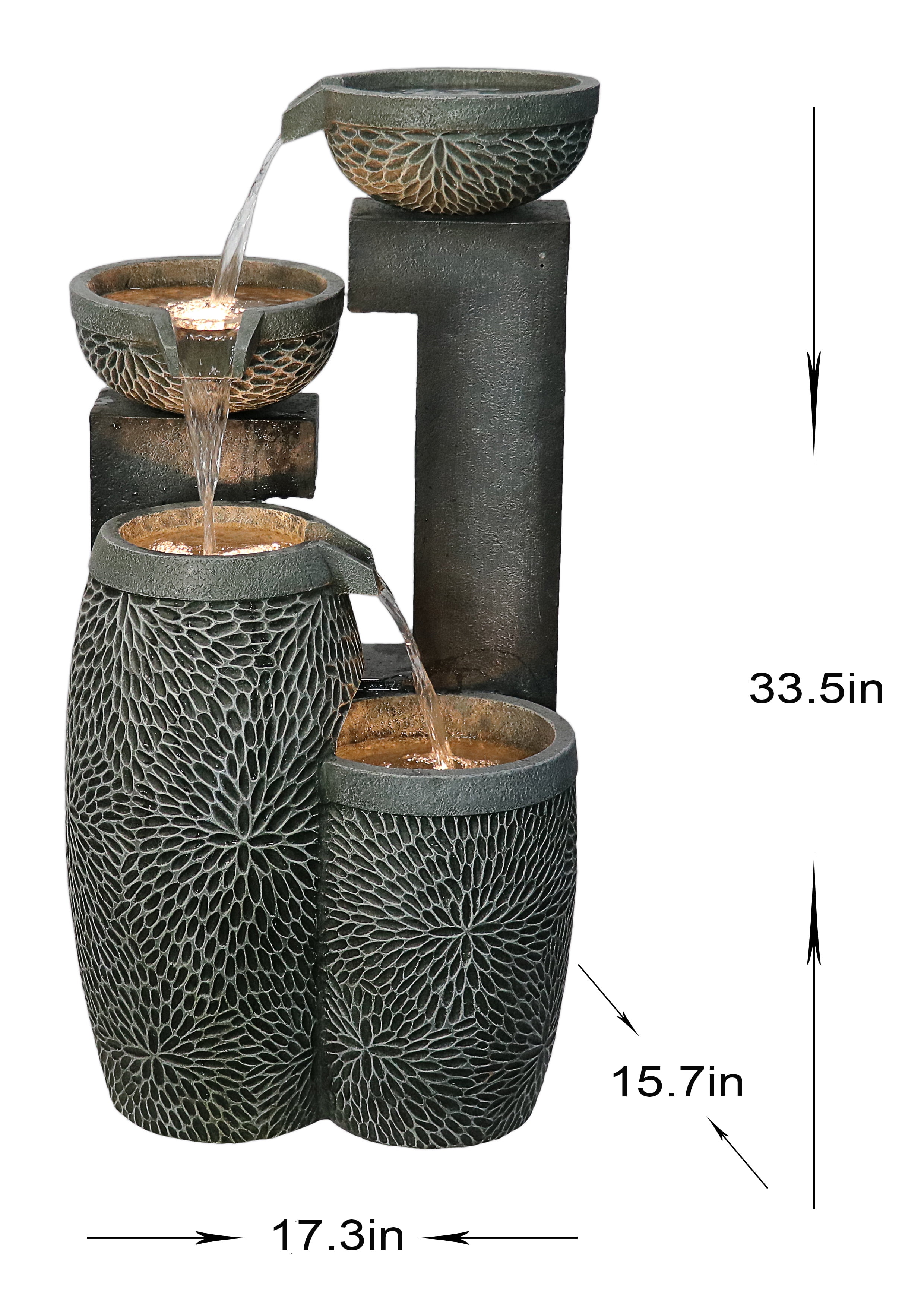 Hi-Line Gift 4 Tiers Modern Cascading Outdoor Water Fountain with Warm White LEDS, Gray
