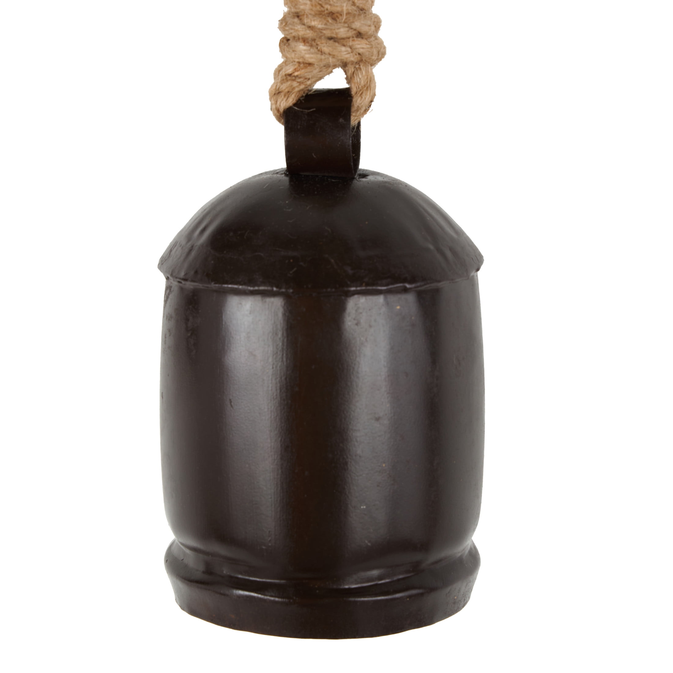 DecMode Tibetan Inspired Dark Brown Metal Cylindrical Decorative Cow Bells with Jute Hanging Rope, 3 Count