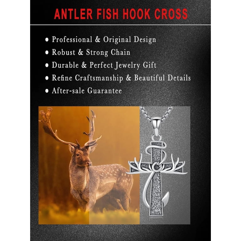 deer antlers fishing hook and cross Jesus Hunting Christian Fisherman Hunter Car Ornament, 2D Flat Car Rear View Mirror Accessories, Rearview Mirror Charm Product Design Silver Fishing Hook Cross Antler