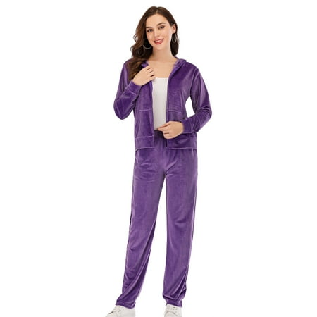 Classic Women's Long Sleeve Solid Velour Sweatsuit Set Hoodie and Pants ...