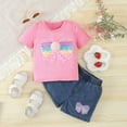 thumbnail image 2 of YuYuBao Toddlers Girls Outfits Sets Summer Short Sleeve Bow Patch cartoon Print Tshirts And Denim Shorts 2 Piece Kids Girls Cotton Children Clothes, 9-12 Months, 2 of 8