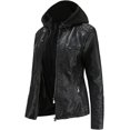 thumbnail image 4 of Chaqueta casual de piel sintética con cuello alto y capucha desmontable para mujer, talla grande, abrigo corto para motociclista, 4 of 5