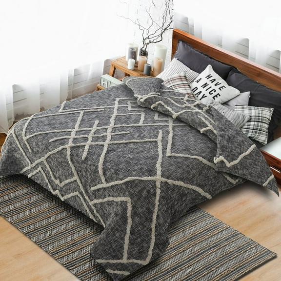 LR Home Geometric Cotton Tufted Washable/Lightweight Coverlets, King, Gray