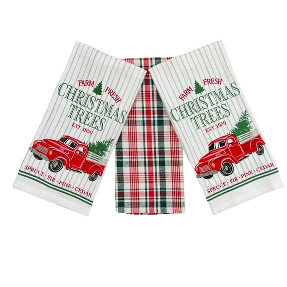 Serafina Home Merry Christmas Kitchen Towel Set: Farmhouse Checkered Truck and Tree Print on Cotton Flour Sack Cloth with Easy Hanging Fabric Hoops