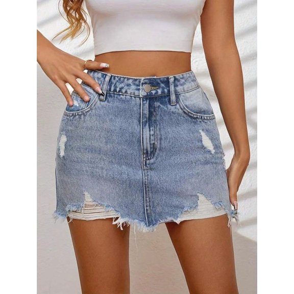 Light Wash Ripped Distressed Denim Mini Skirt With Frayed Hem And Pockets