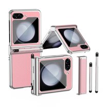 ELEHOLD for Samsung Galaxy Z Flip 5 Plating Case with Pen, Z Flip 5 Case with Pen Slot & Replaceable Two Hinge Protection, Hybrid Leather Shockproof Case for Samsung Galaxy Z Flip5,Silver   Pink