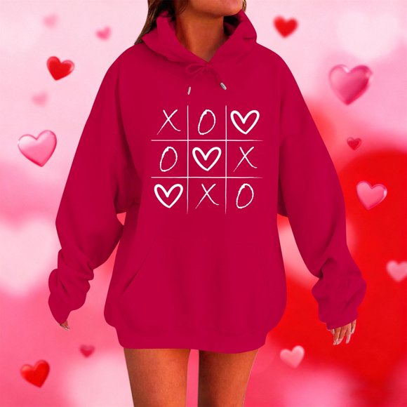 RKSTN Valentine's Day Hoodie for Women Oversized Valentines Heart Print Drawstring Hooded Sweatshirt Top Womens Casual Solid Plus Size Graphic Printed Loose Comfy Hood Fall Spring Clothes