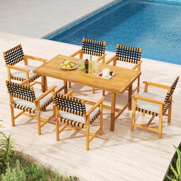 Costway 7PCS Patio Dining Set, Acacia Wood Table & 6 Armchairs with Padded Seat Cushions