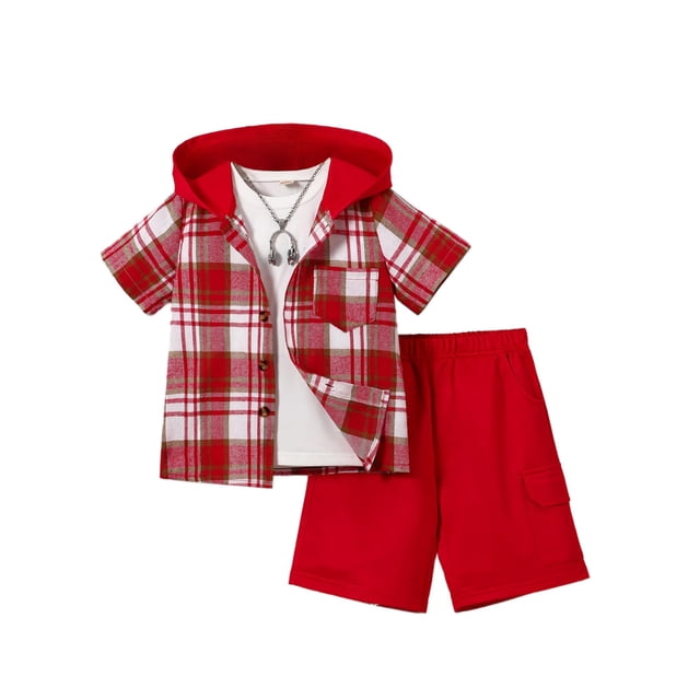 Conjunto de sudadera con capucha Fdqin de manga corta a cuadros para niños con capucha cargo