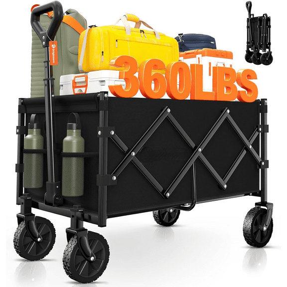 Collapsible Wagon Cart Foldable - Portable Heavy Duty Folding Beach Wagons with Wheels - Outdoor Utility Carts for Groceries, Shopping, Camping, Sports, Garden with Large Capacity - Black