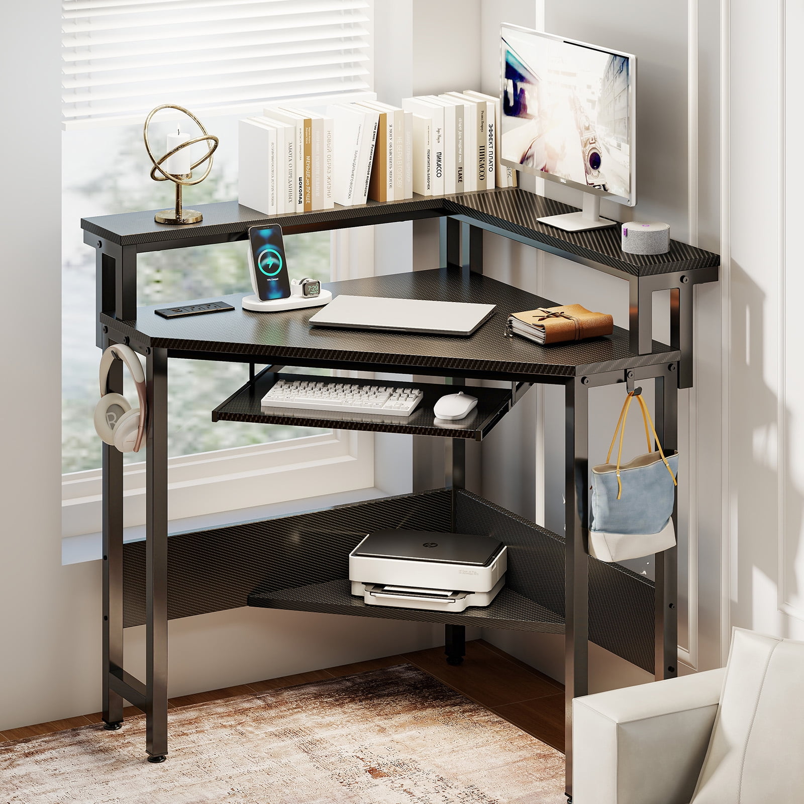 EDX Corner Office Gaming Desk 31 Inches L-Shaped Computer Desk with Charging Hub & Ergonomic Stand for Small Spaces, Carbon Black