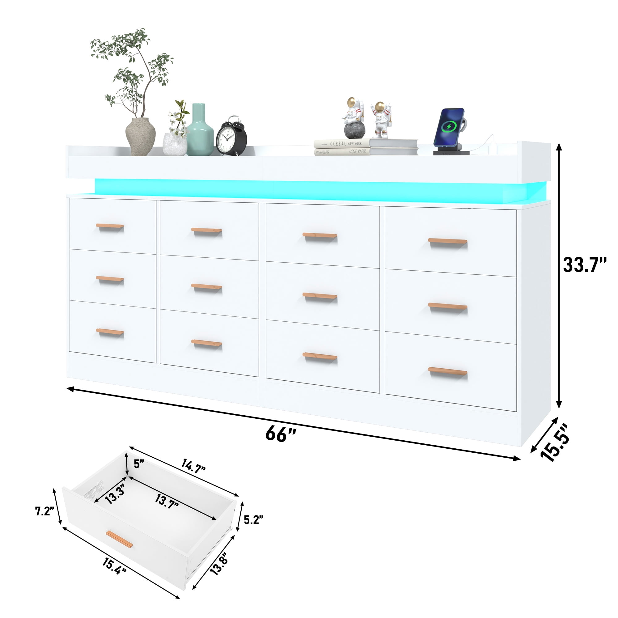 ChVans 12 drawer Dresser with Charging Station and LED Lights, Modern Chest of Drawers for Closet, 12 drawer dresser for Bedroom, Living Room, Entryway, Hallway
