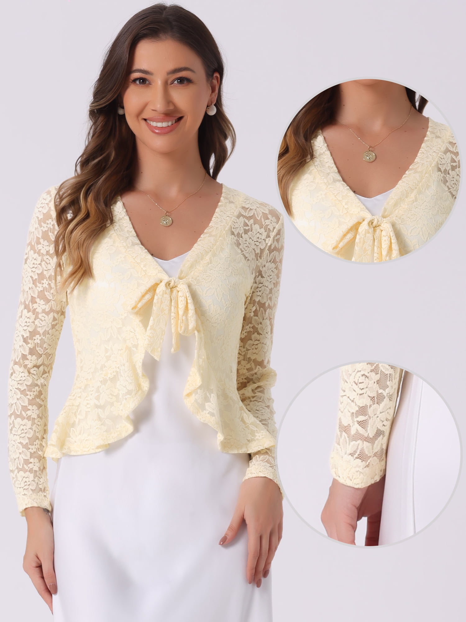 DARING DIVA Women's Ruffled Hem Floral Lace Crop Shrug Cardigan S Light Beige