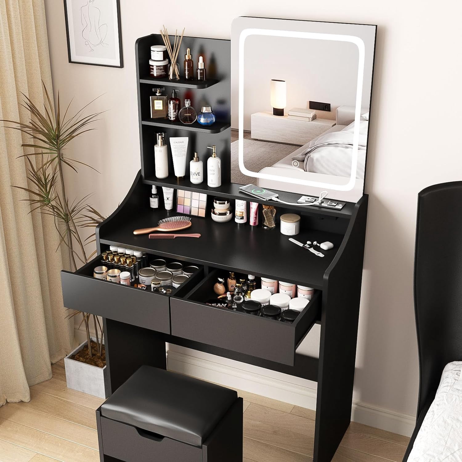 VEANERWOOD Makeup Vanity Set with Lights and Power Strip,Vanity Dressing Table with Drawers and Shelves for Bedroom,Black