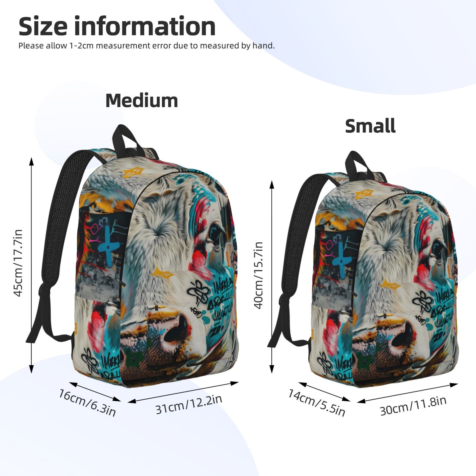 Picia Colorful Graffiti Cow Printed Canvas Daypack - Stylish and Durable Vintage Compact Backpack - Class, Work, Travel, or Laptop Bookbag,Organized Compartments-Small