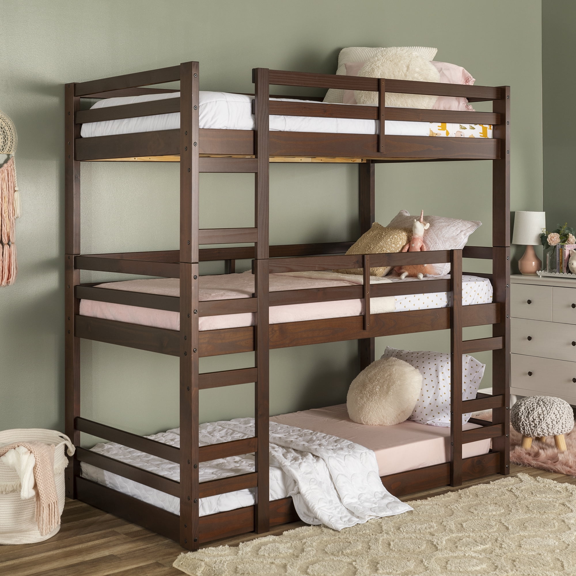 Manor Park Solid Wood Triple Bunk Bed, Twin Over Twin, Walnut
