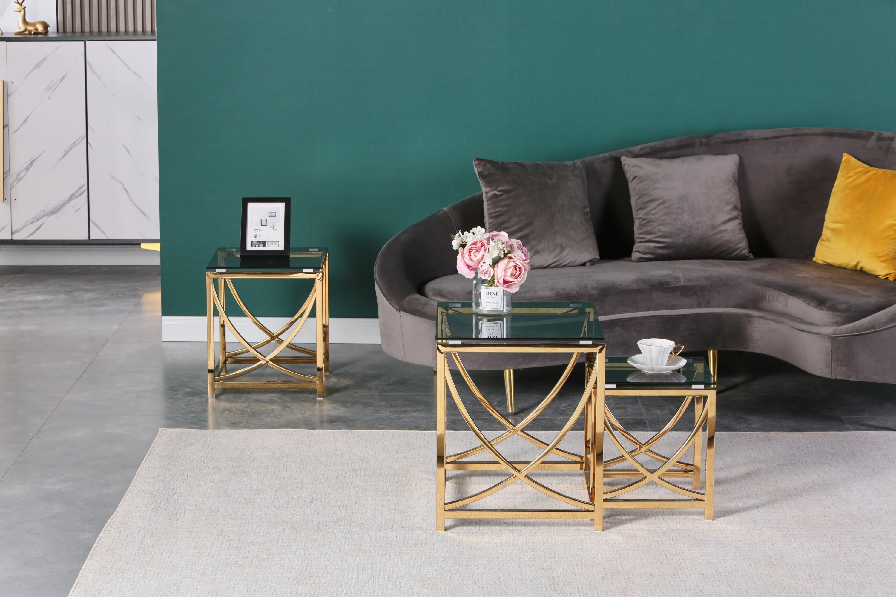 3 Pieces Gold Square Nesting Glass End Tables Small Coffee Table Set