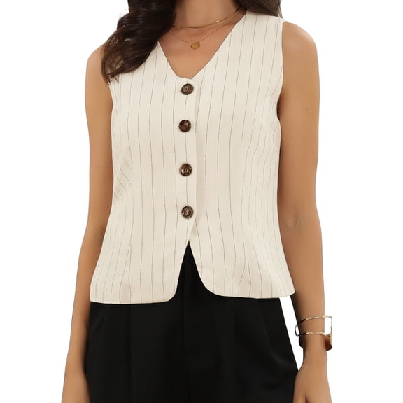 DARING DIVA Women's Elegant Stylish Sleeveless V Neck Striped Waistcoat XS Beige