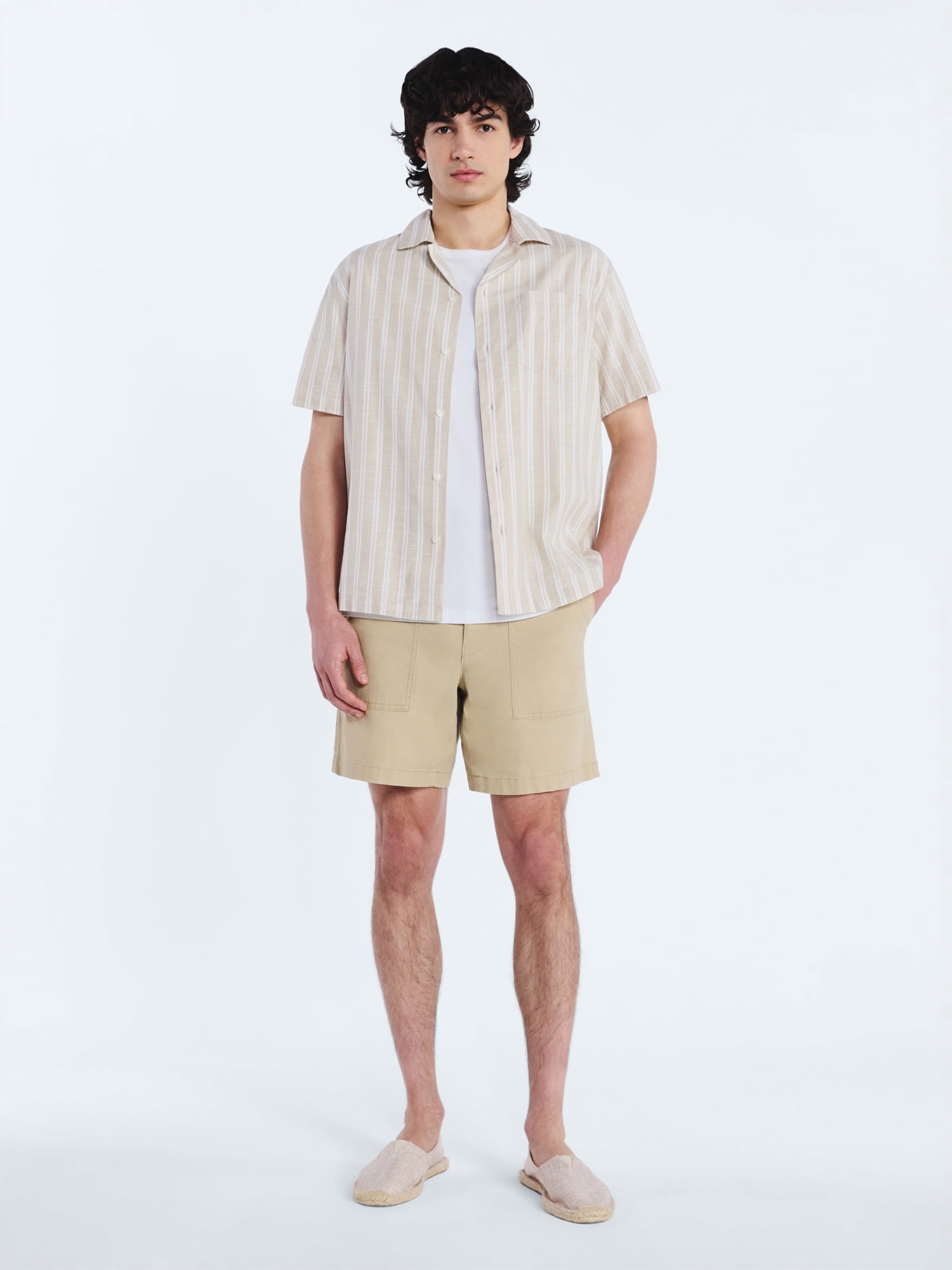Free Assembly Men's Striped Cotton Camp Shirt with Short Sleeves, Sizes S-3XL