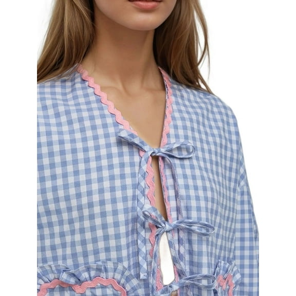 Long Sleeve Plaid Shirt Collar Top with Heart Detail