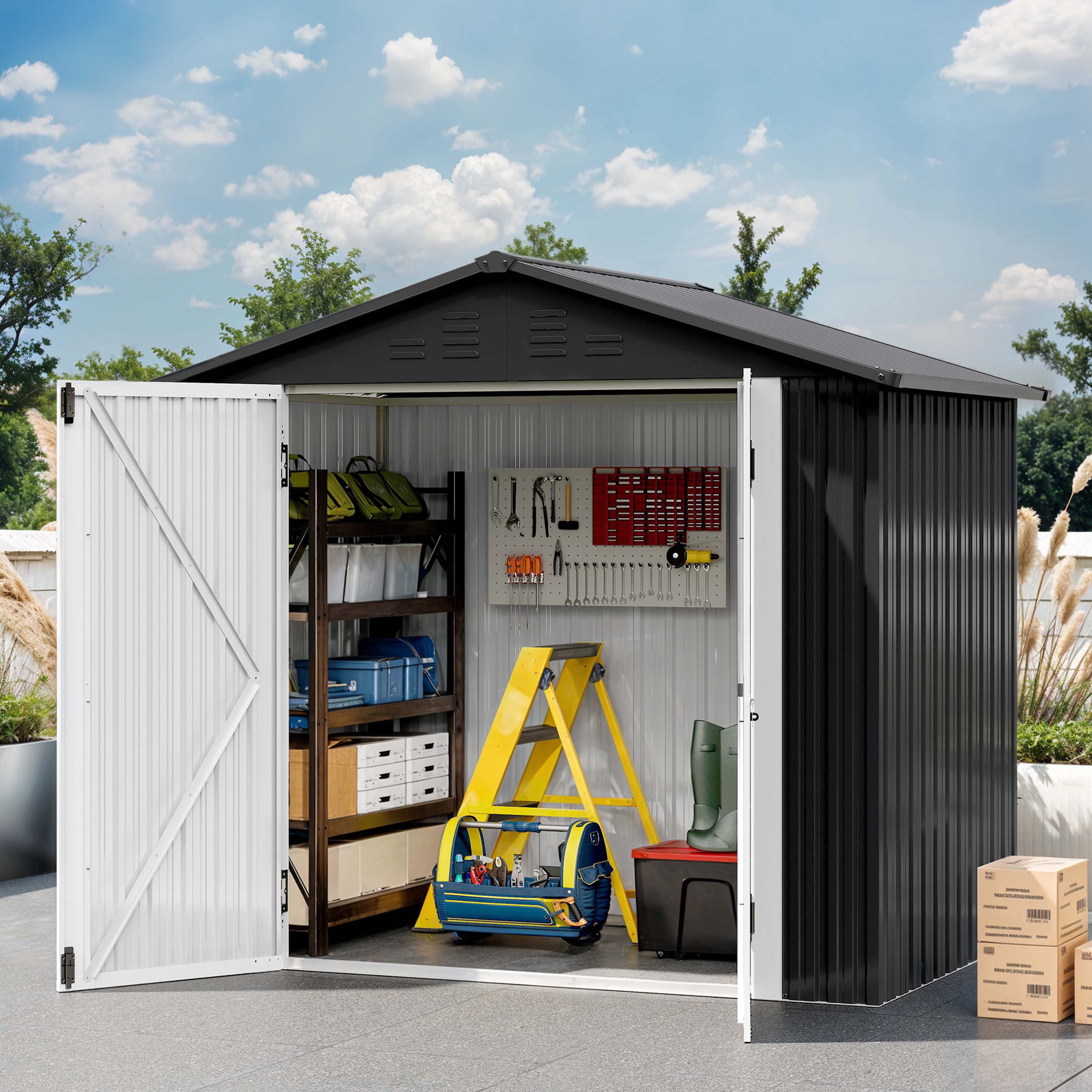 Uforic 6 Ft x 4 Ft Outdoor Tool Shed with Air Vents & Lockable Doors for Bikes & Tools, Dark Gray