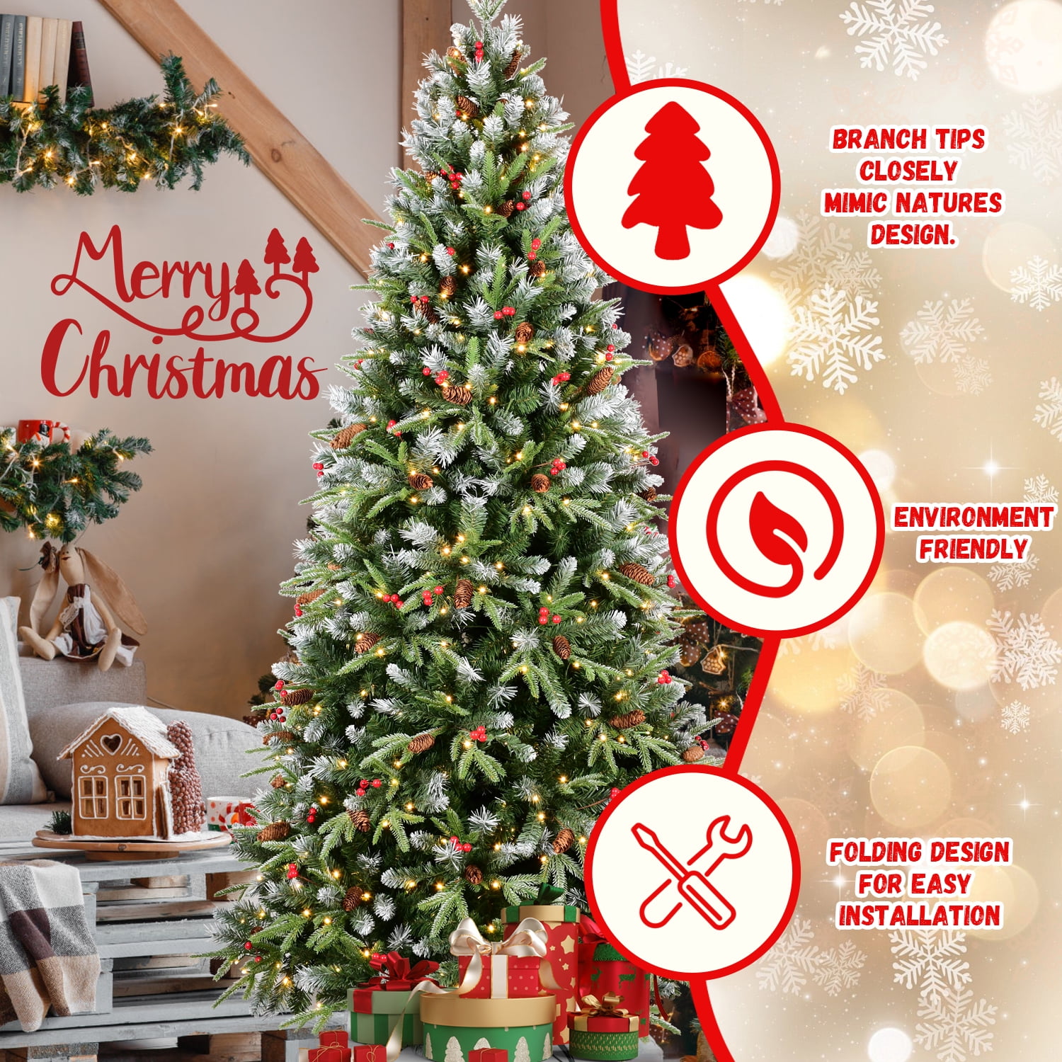 6 Ft Christmas Tree with 350 Warm White LED Lights, 1593 Snow-Tipped PE+PVC Branches, Red Berries & Pine Cones, Hinged Design, Stable Metal Stand, Realistic Holiday Decoration
