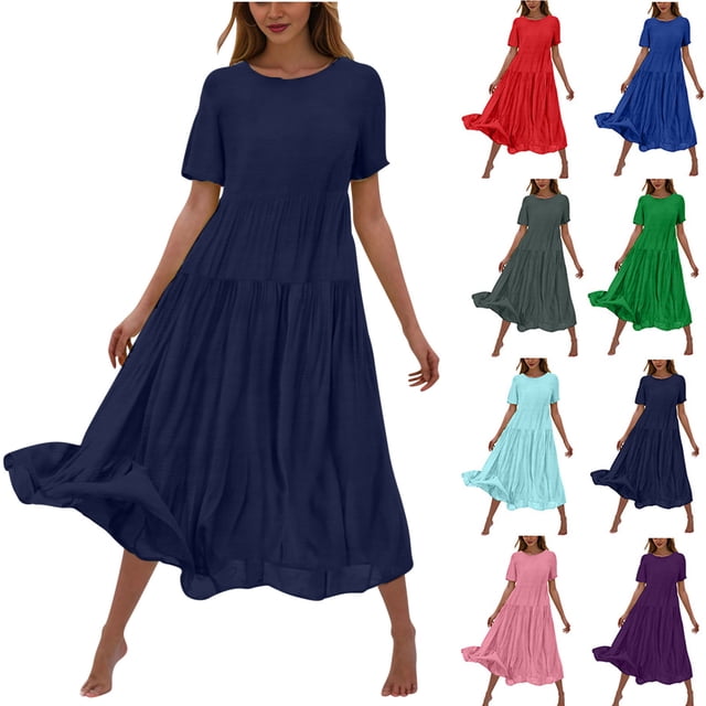 Sentmoon Robe de Cocktail pour Femmes à Manches Courtes, Col Rond, Robes pour Dames 2026, Couleur Unie, Coupe Régulière, Extensible, Formelle, d'Été, Robe d'Invitée de Mariage pour le Travail et la Fin de Semaine, Rouge, M