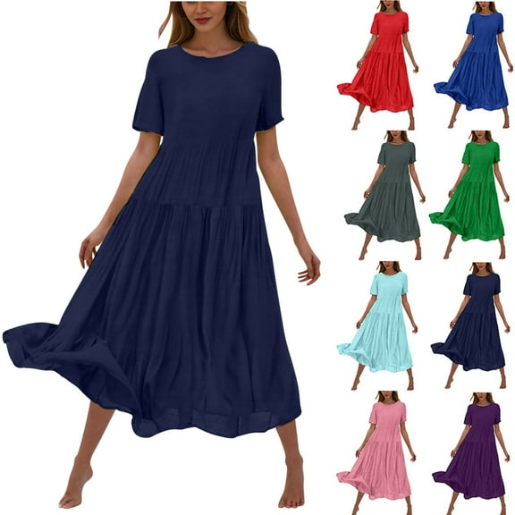 Ashirexll Summer Dresses for Women, Maxi Dresses for Women, Flower Solid Color Casual Short Sleeve Crew Neck Dress Casual Flowy Tiered Maxi Beach Dress