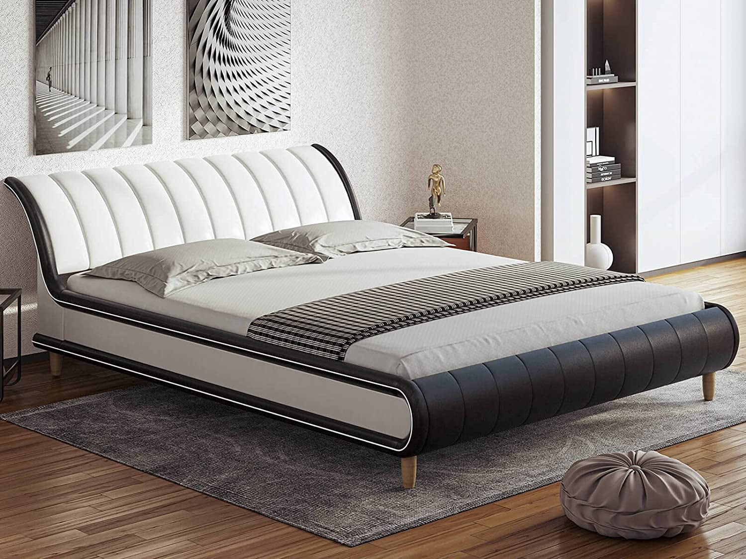 Queen Bed Upholstered Black Faux Leather Wood Platform Bed Slats Headboard Frame 