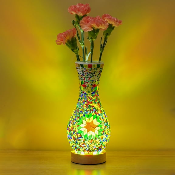 Unique Turkish Moroccan Style Mosaic Table Lamp, Colorful Glass Table Light with Wood Base