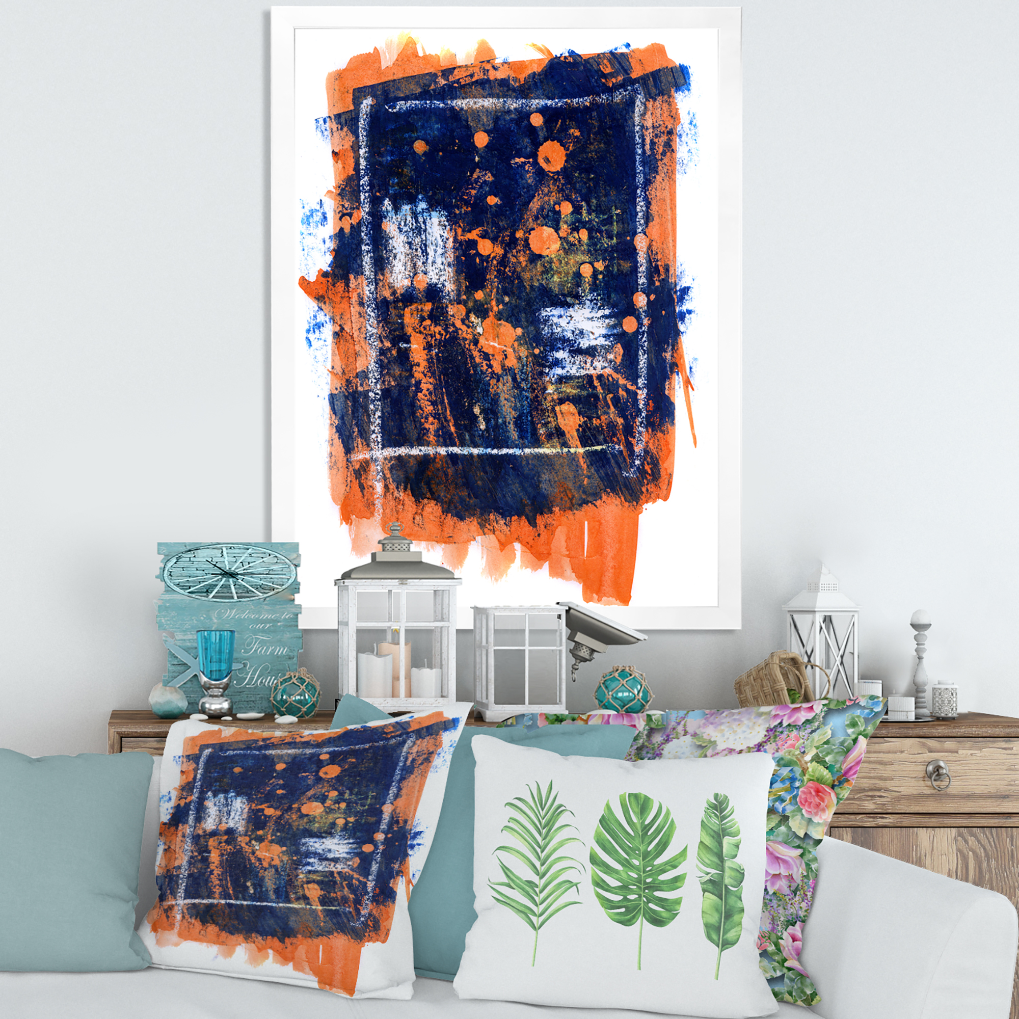 Designart 'Navy Blue and Orange Abstract' Modern Framed Art Print