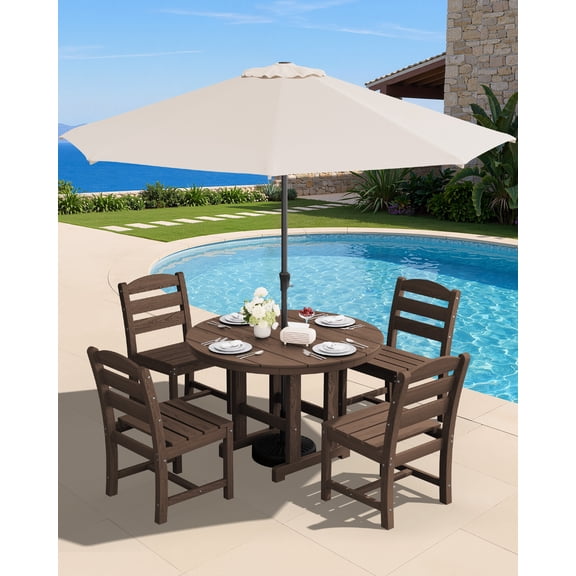 SERWALL 6-Pc Dining Set, 45" Table, 4 Chairs, 9FT Umbrella, Coffee (No Base)