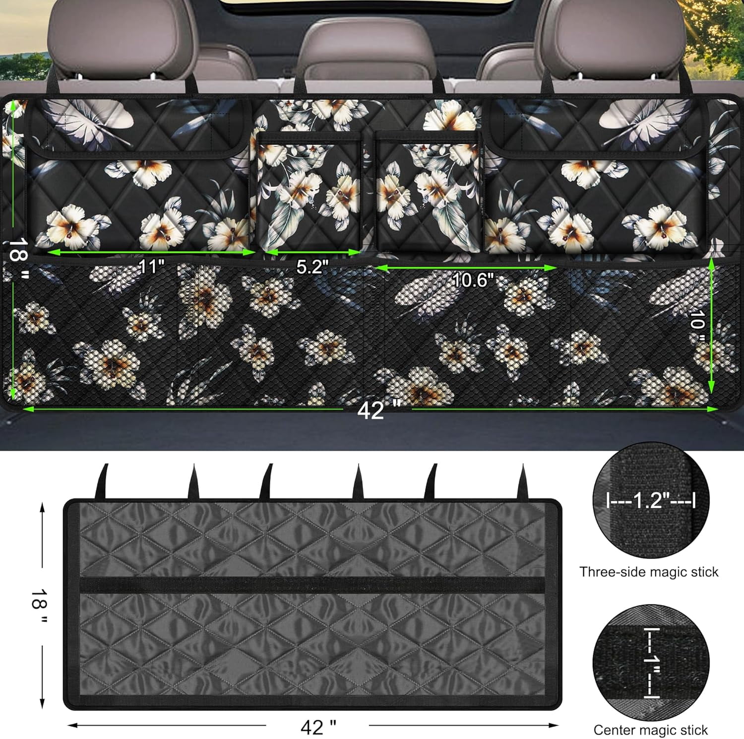 Car Trunk Organizer, Large Capacity Backseat Trunk Organizer (42"*18"), Collapsible Car Storage Bag with 8 Pockets - Hibiscus