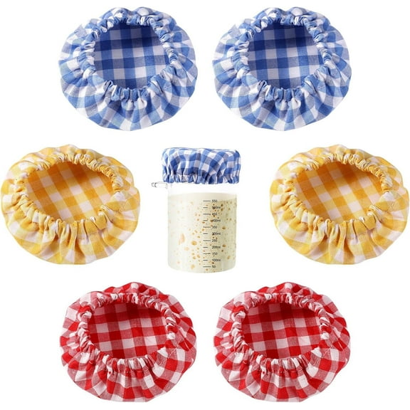 LQQBOX 6 Pcs Jar Cloth Covers, Plaid Cloth Jar Covers Elastic Unbleached Cloth lid Reusable Sourdough Starter Bowl Cover Dough Basket Cover Preserving Lids for 3-4 Inch Jar Mouth Baking Supplies