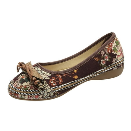 

casual shoes for Women Spring Women Casual Shoes Ethnic Style Cotton Print Women Cloth Shoes Flat Knot Shoes PU Dress Sandals for Women Brown