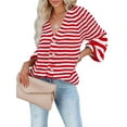 thumbnail image 3 of Womens Striped Sweater Coat Casual Long Sleeve Open Front Button Down Loose Knit Cardigan Fall Red S, 3 of 8
