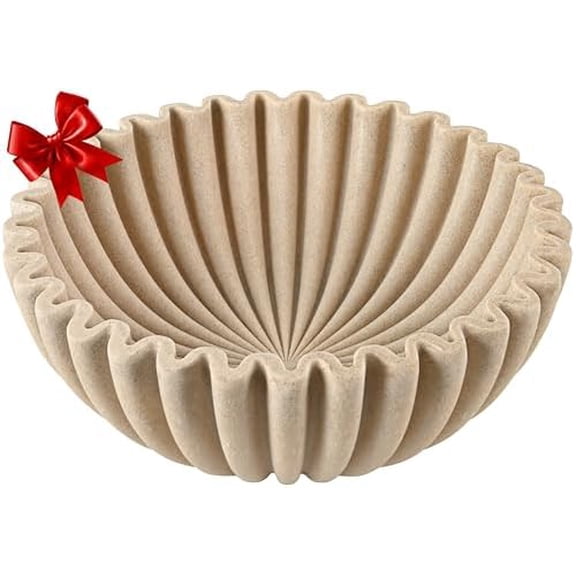 12" Extra Large Decorative Bowl – Modern Handmade Bowls for Home Decor, Decorative Fruit Bowl for Kitchen Counter, Ruffle Decor, Stylish Key Bowl for Entryway Table, Beige Artificial Stone