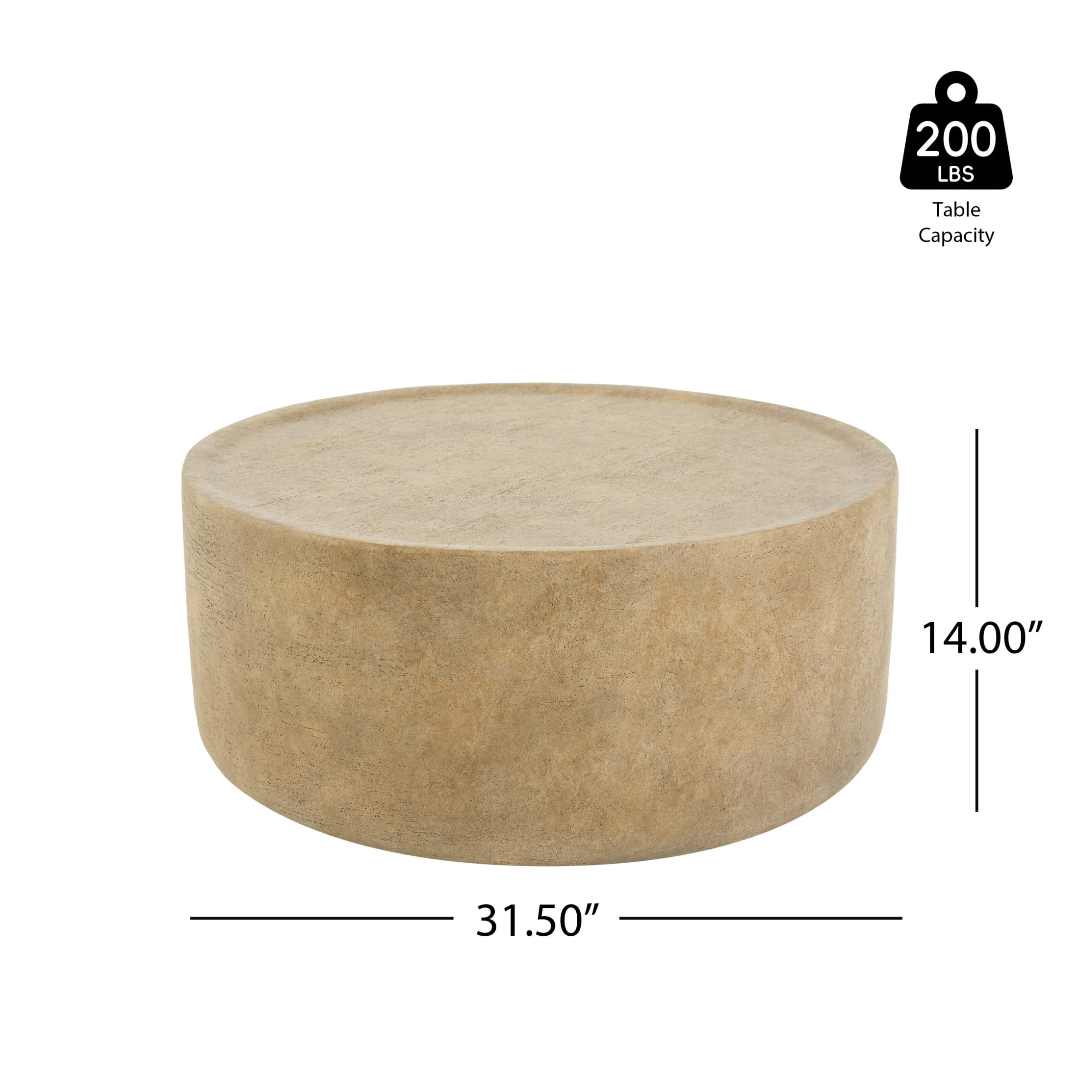 Christopher Knight Home 31.5" Modern Outdoor MGO Round Drum Coffee Table, Lightweight Concrete, Beige