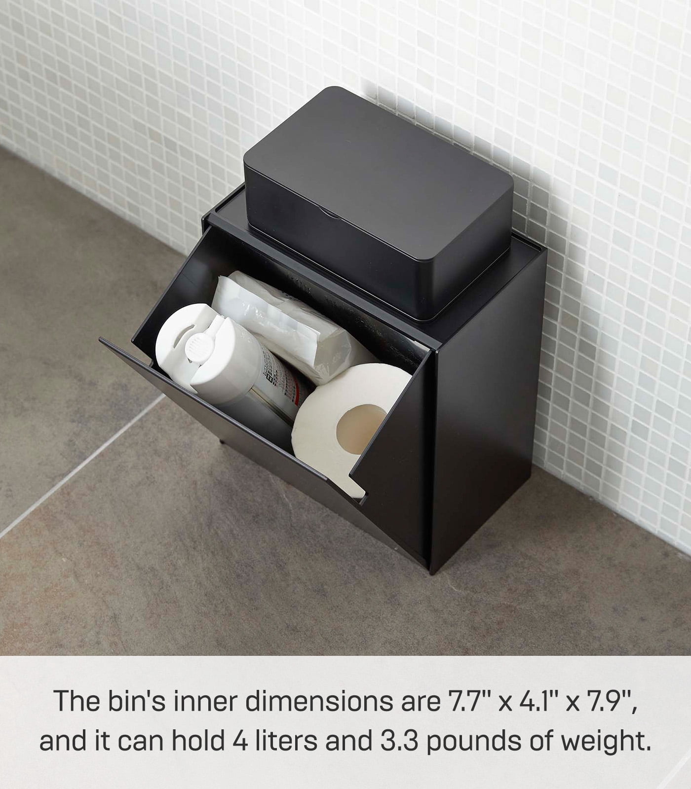 Yamazaki Home Wall-Mounted Storage or Trash Bin, Black, ABS Plastic, 4L, Supports 5.5 pounds, No Assembly