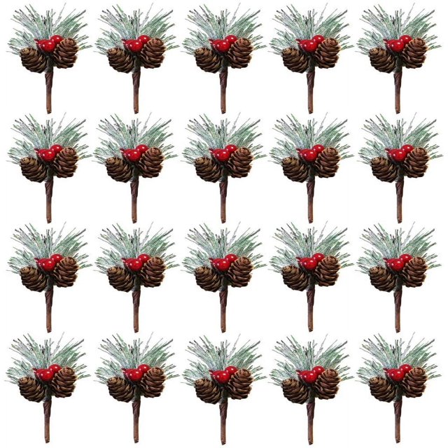 20 Pcs Pics de Pin Artificiels, Tiges de Baies Rouges avec Flocons de Neige Houx Floqué Mini Branches de Pin Artificiel pour Décorations d'Arbre de Noël Bricolage Décoration Maison