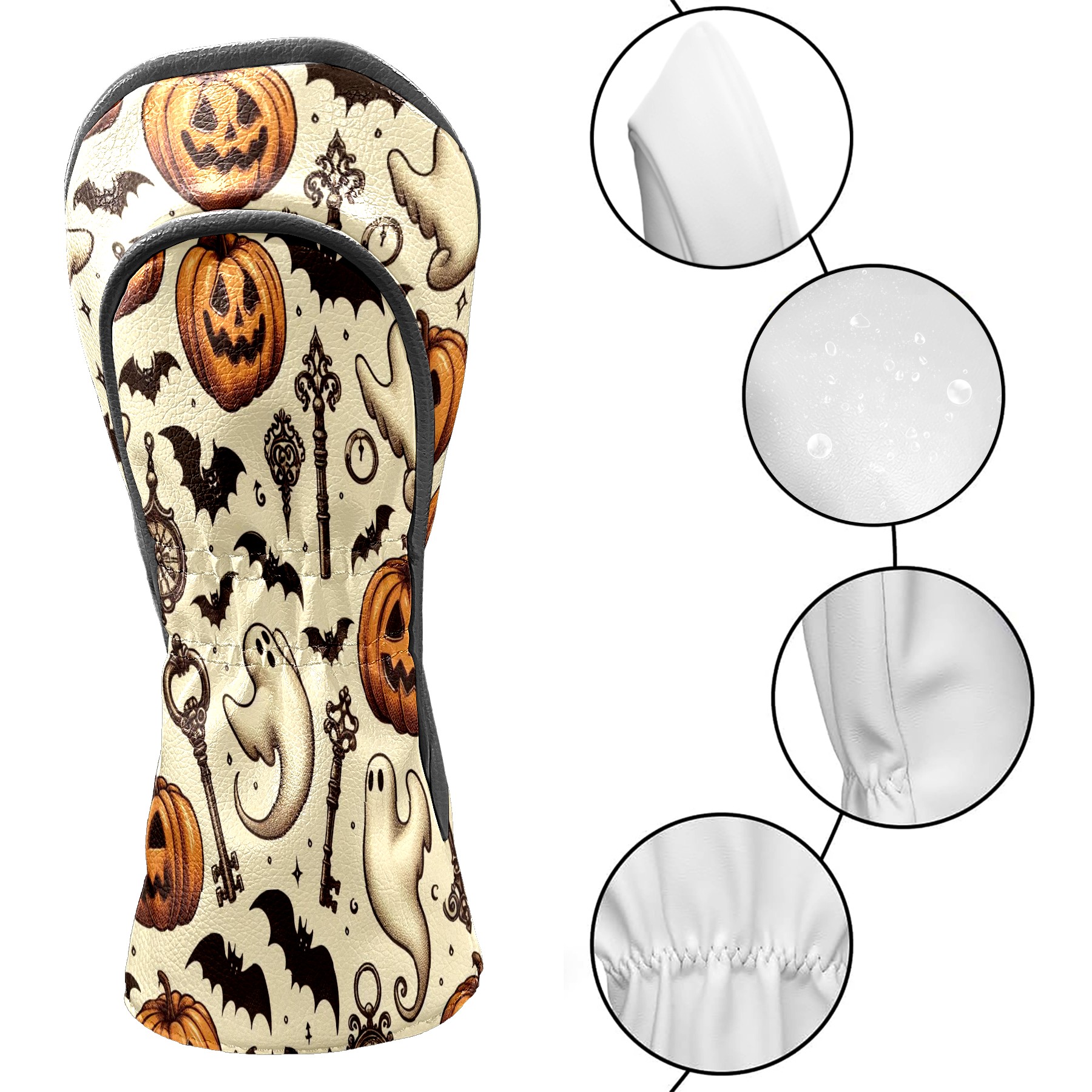 Golf Club Head Covers LightBrown Pumpkin Ghost Key for Driver and Fairway Woods, Premium PU Leather, Waterproof, Velvet Lining, Unisex Golf Gift