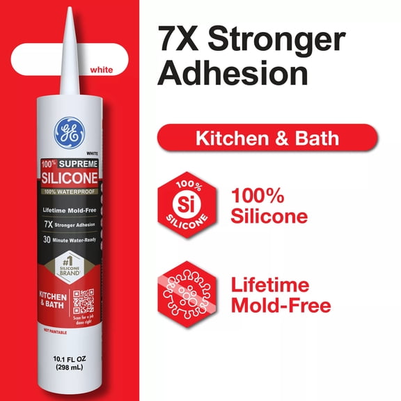 GE Supreme Silicone Kitchen & Bath Sealant, Pack of 1, White 10.1 fl oz Cartridge