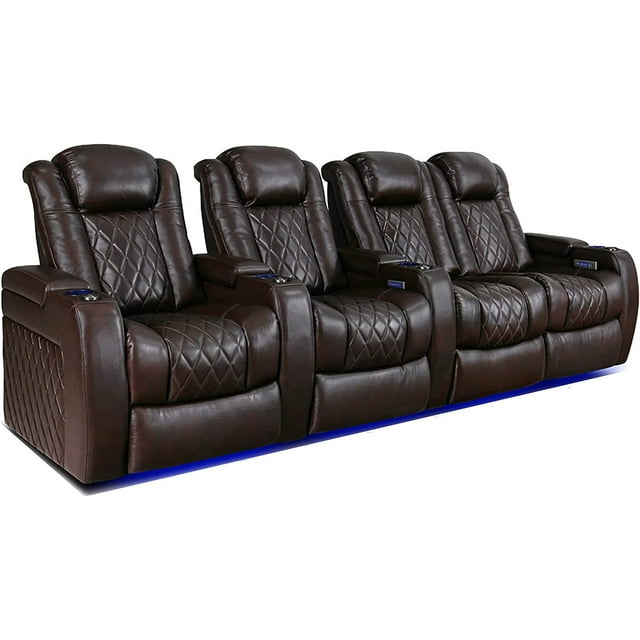 VALENCIA THEATER SEATING Tuscany Fauteuils de Cinéma Maison, Fauteuil Inclinable Motorisé, Soutien Lombaire Électrique, Appuie-Tête Électrique, Éclairage DEL, Rangée de 4 Causeuse Droite, Chocolat Foncé