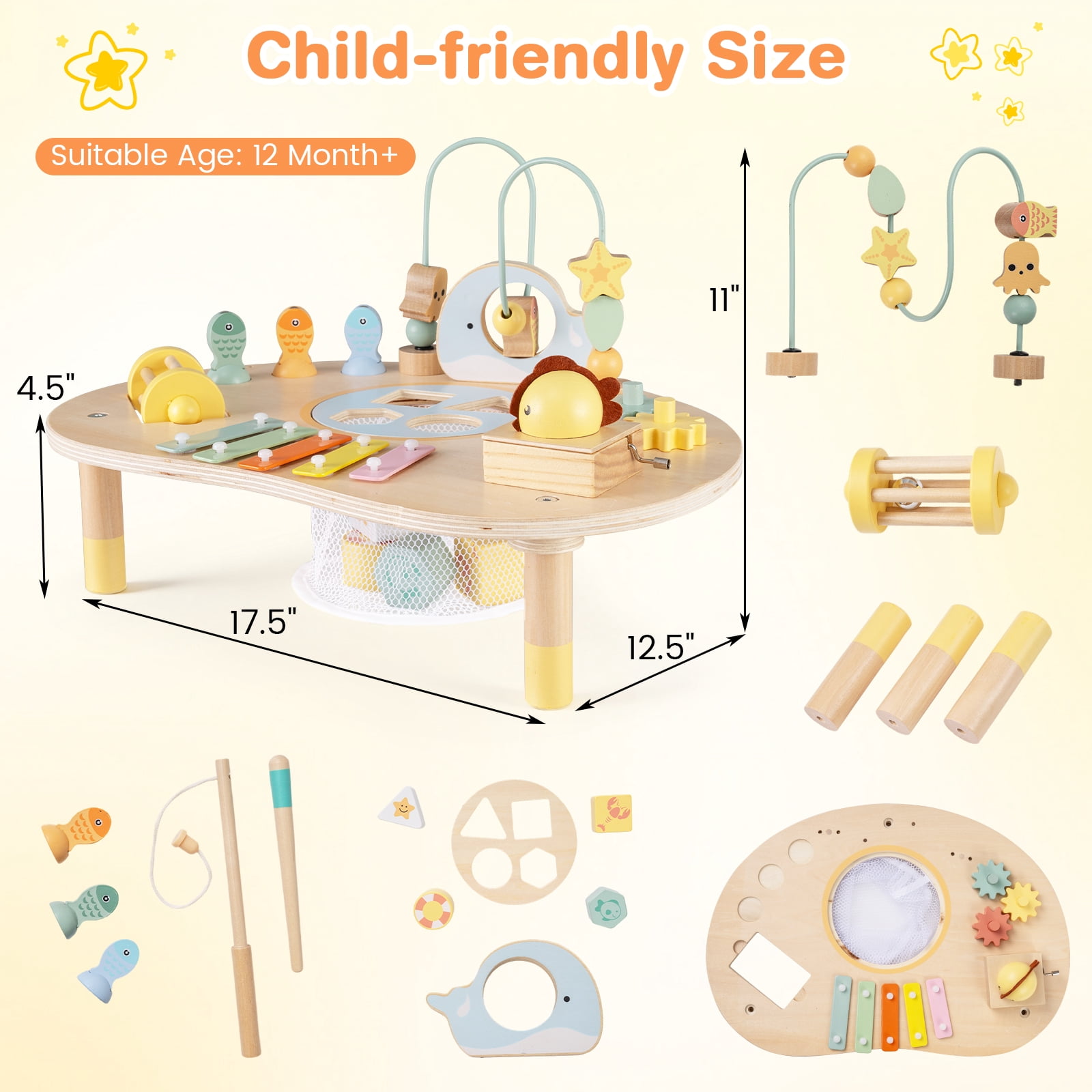 Costway 7-in-1 Toddler Activity Table with Bead Maze, Fishing Game, Xylophone, Music Box