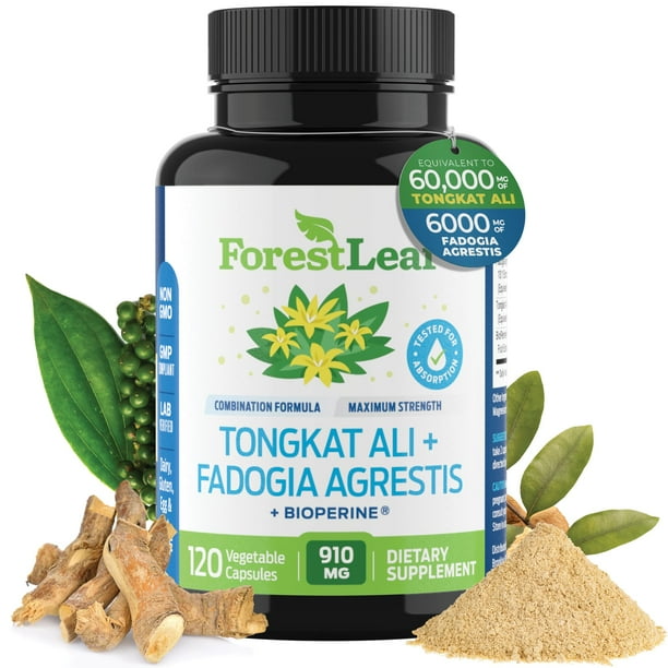 ForestLeaf Tongkat Ali + Fadogia Agrestis Supplement with BioPerine - Maximum Strength 200:1 Extract - 300g Longjack Tongkat Ali for Men or Women - Test, Muscle and Strength Support - 120 Capsules