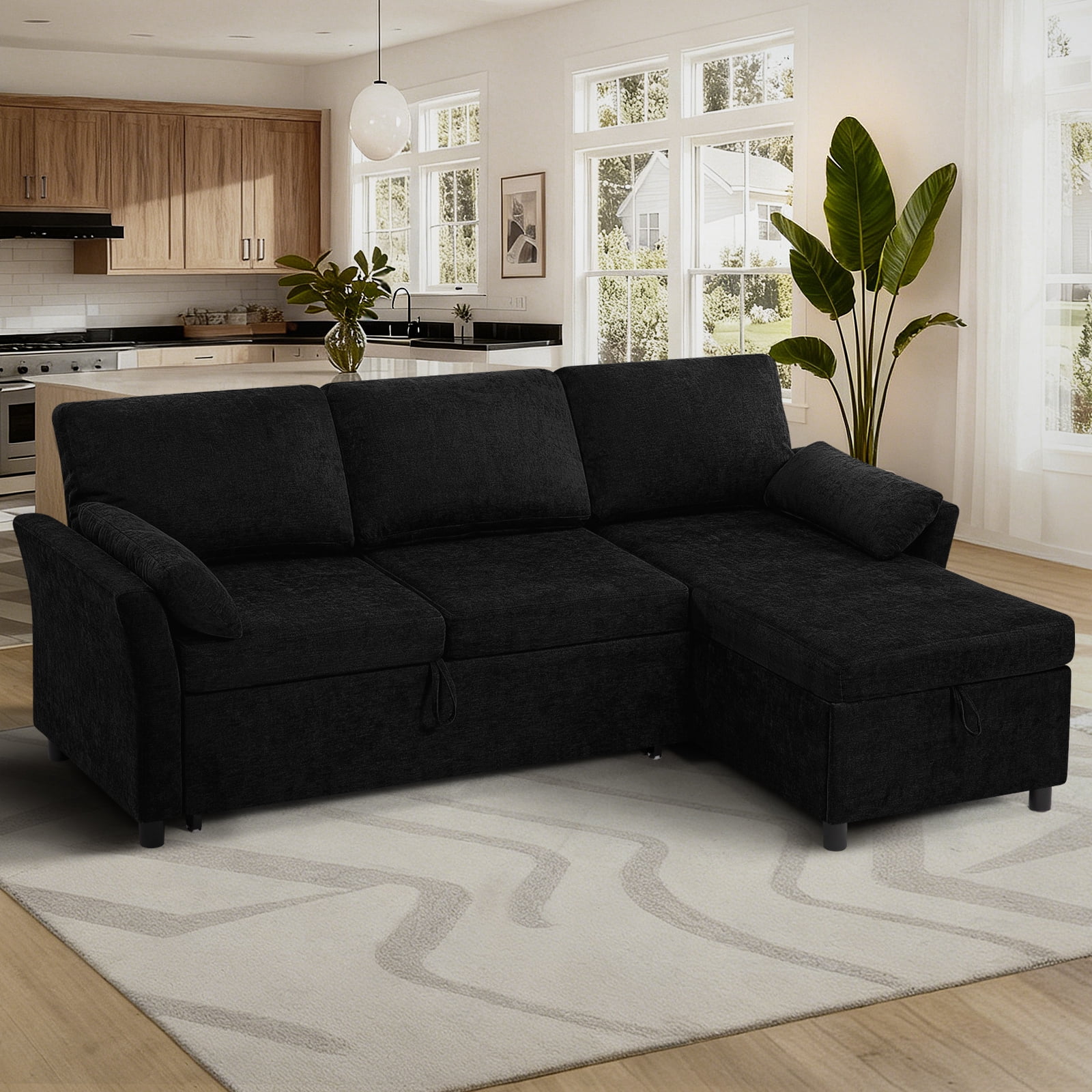 ACMEASE 83 Inches Fabric Sectional Sofa with Pull Out Sofa Bed, Modern L Shaped Sofa with Throw Pillows, Comfortable Sleeper Couch with Storage Chaise for Living Room, Black