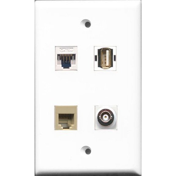 RiteAV 1 Port USB A-A and 1 Port Phone RJ11 RJ12 Beige and 1 Port BNC and 1 Port Cat5e Ethernet White Wall Plate